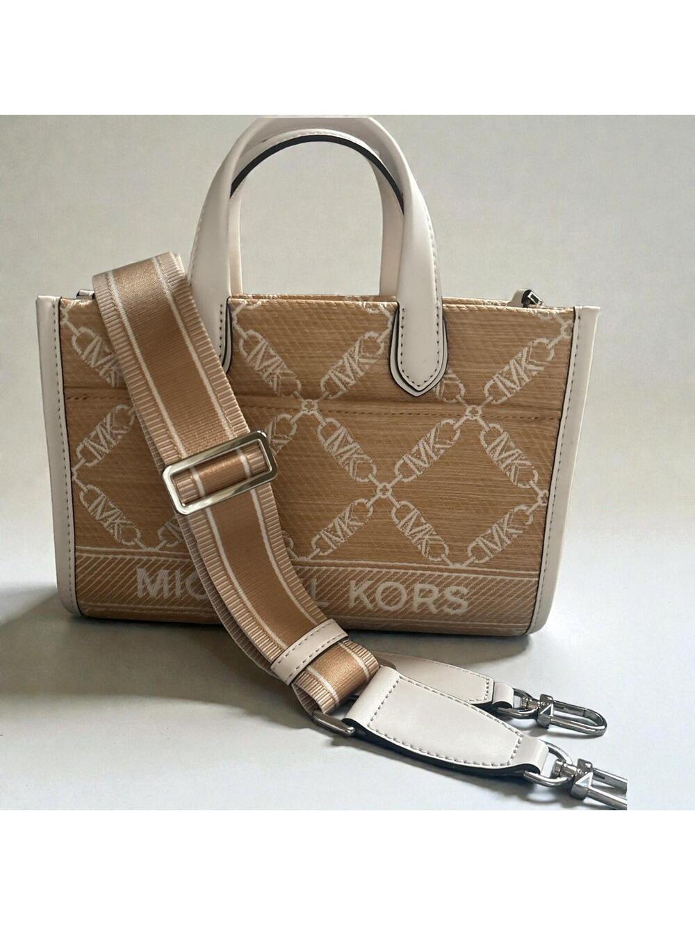 Michael Kors Gigi Small Empire Jacquard Tote Bag Crossbody Purse Brown MK Logo - Picture 3 of 6